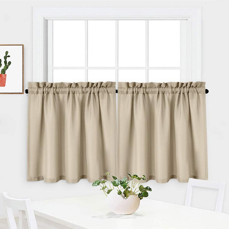 NANAN Waffle-Weave Textured Tier Curtains for Kitchen Water-Proof Window Curtains for Bathroom - 30" x 30", Plaza Taupe, Set of 2 - Image 2